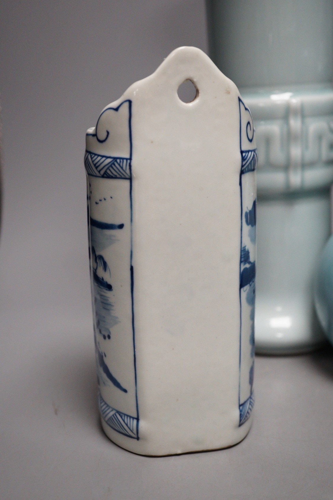 A Chinese blue and white vase, two jars, a beaker vase, a double gourd vase and a pearlware vase, tallest 31cm